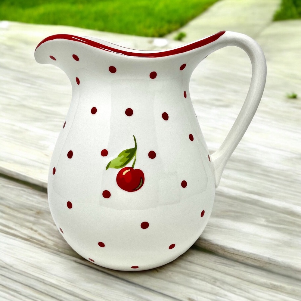 ⛔️ SOLD! ⛔️ Hallmark Large Ceramic Pitcher Polka Dot Single Cherry White Red VTG